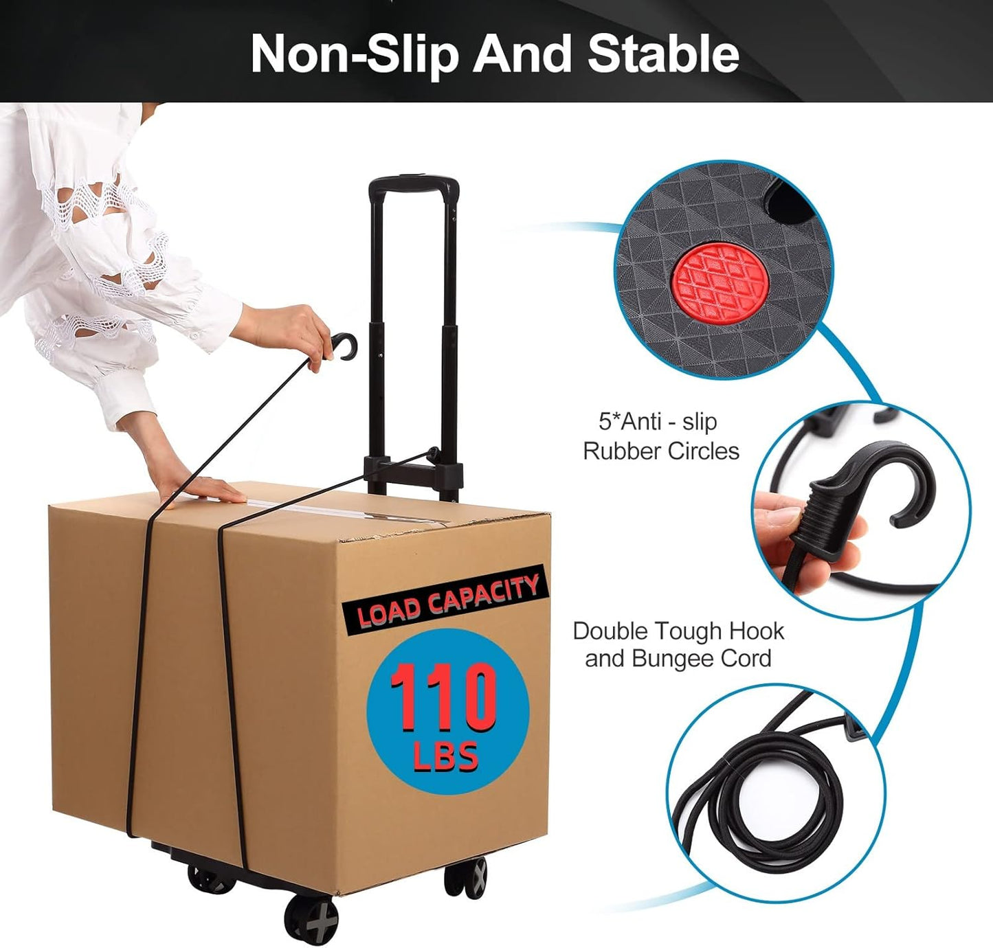 Folding Hand Truck Lightweight Hand Truck Dolly Foldable,Luggage cart with 4 Rotate Wheels, Utility Cart with Adjustable Handle,Collapsible Dolly for Moving-Black