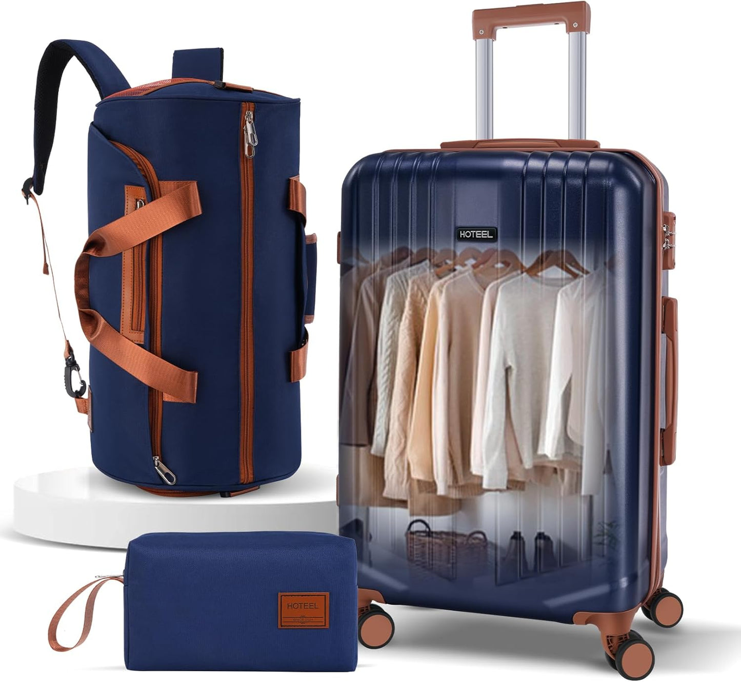 Hoteel 3-Piece Travel Essentials Bundle (4-YEAR WARRANTY) Carry On Luggage with Duffel Bag, 20 Inch Suitcase with Spinner Wheels & TSA Lock for Weekend Trips (Dark Blue)