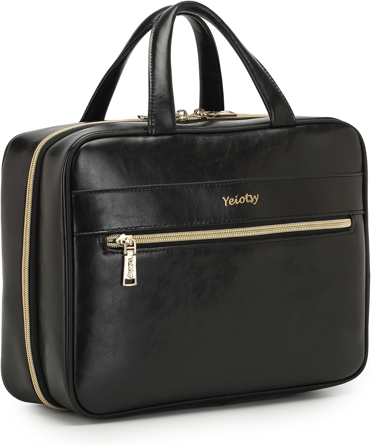 Yeiotsy Hanging Toiletry Bag - Waterproof Vegan Leather Organizer with Wet-Dry Compartments, Foldable Design for Camping, Gym & Business Travel (Black, Large)