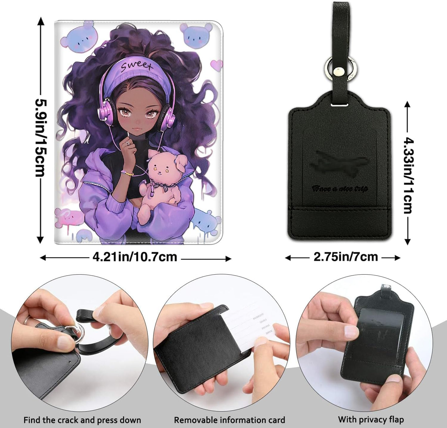 Passport Holder Women Wallet with Luggage Tag, Leather Passport Cover with RFID Blocking, Travel Accessories Multi Card Slot Passport Case for Men，Purple Girl