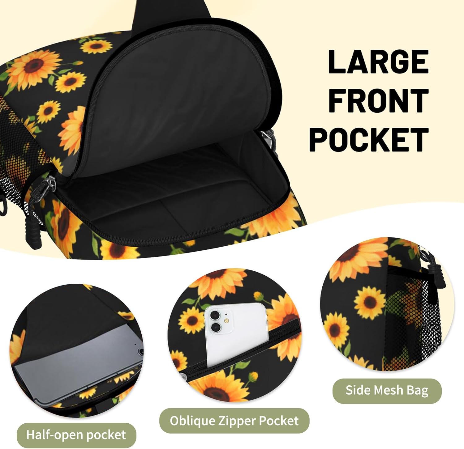 Black Yellow Sunflower Sling Bag Crossbody Chest Bag for Women Men, Water Resistant Lightweight