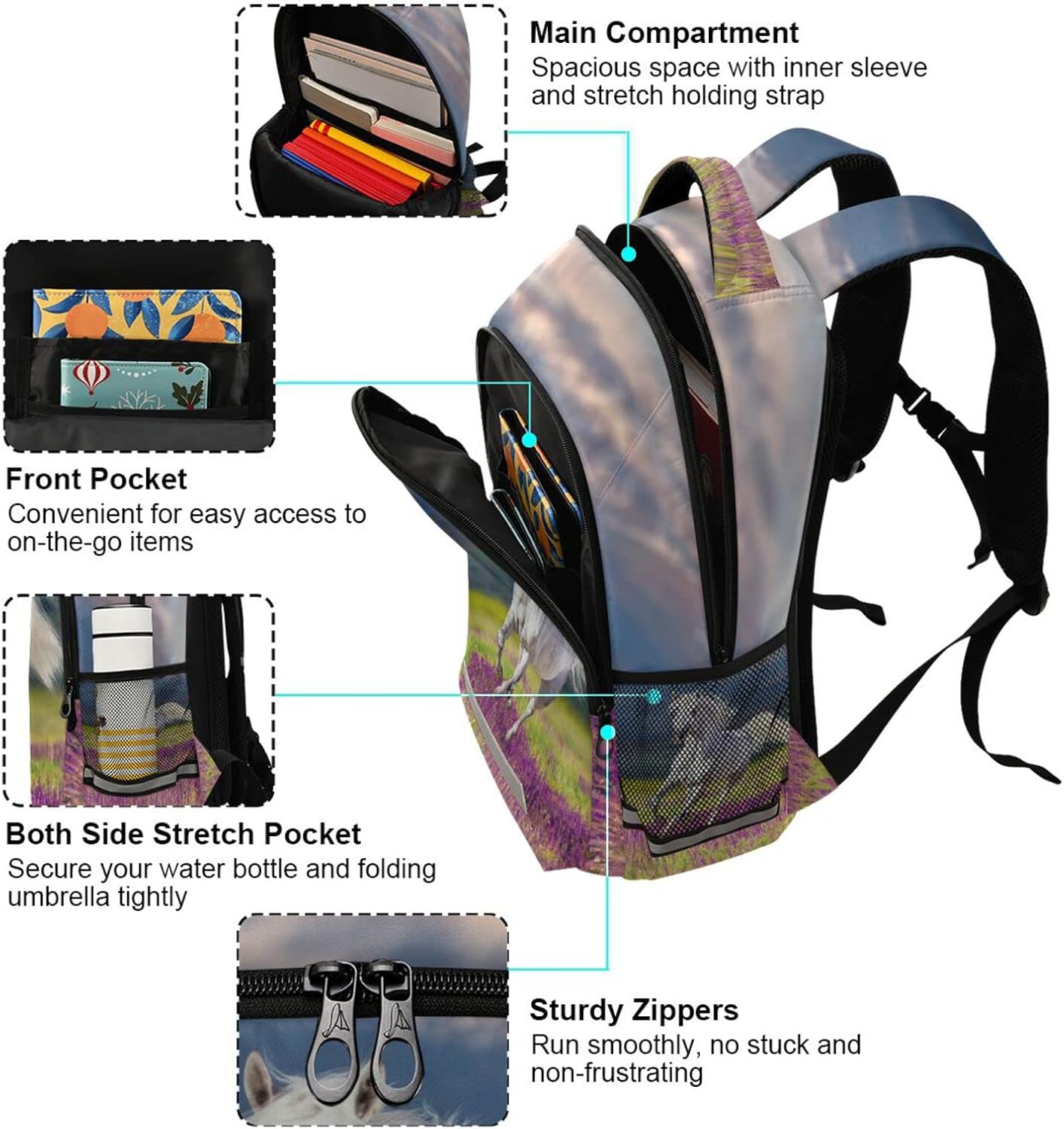 Horse Kids Backpack Girls Bookbag Lavender Flower Elementary School Bag for Boys Travel Rucksack