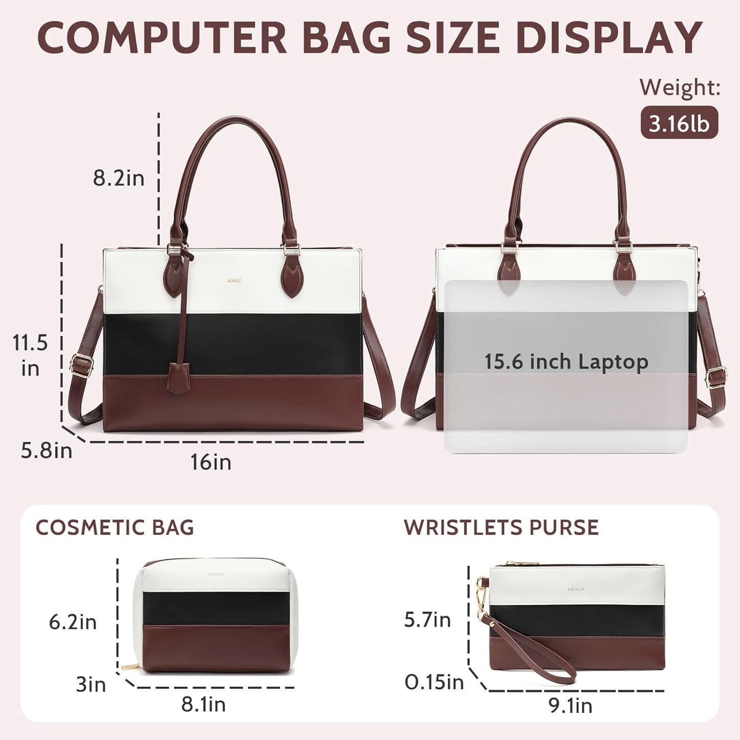 Keyli 3pc Sets Laptop Bag for Women,15.6 Inch Work Tote Bags Waterproof Leather Business Computer Briefcase Shoulder Handbag