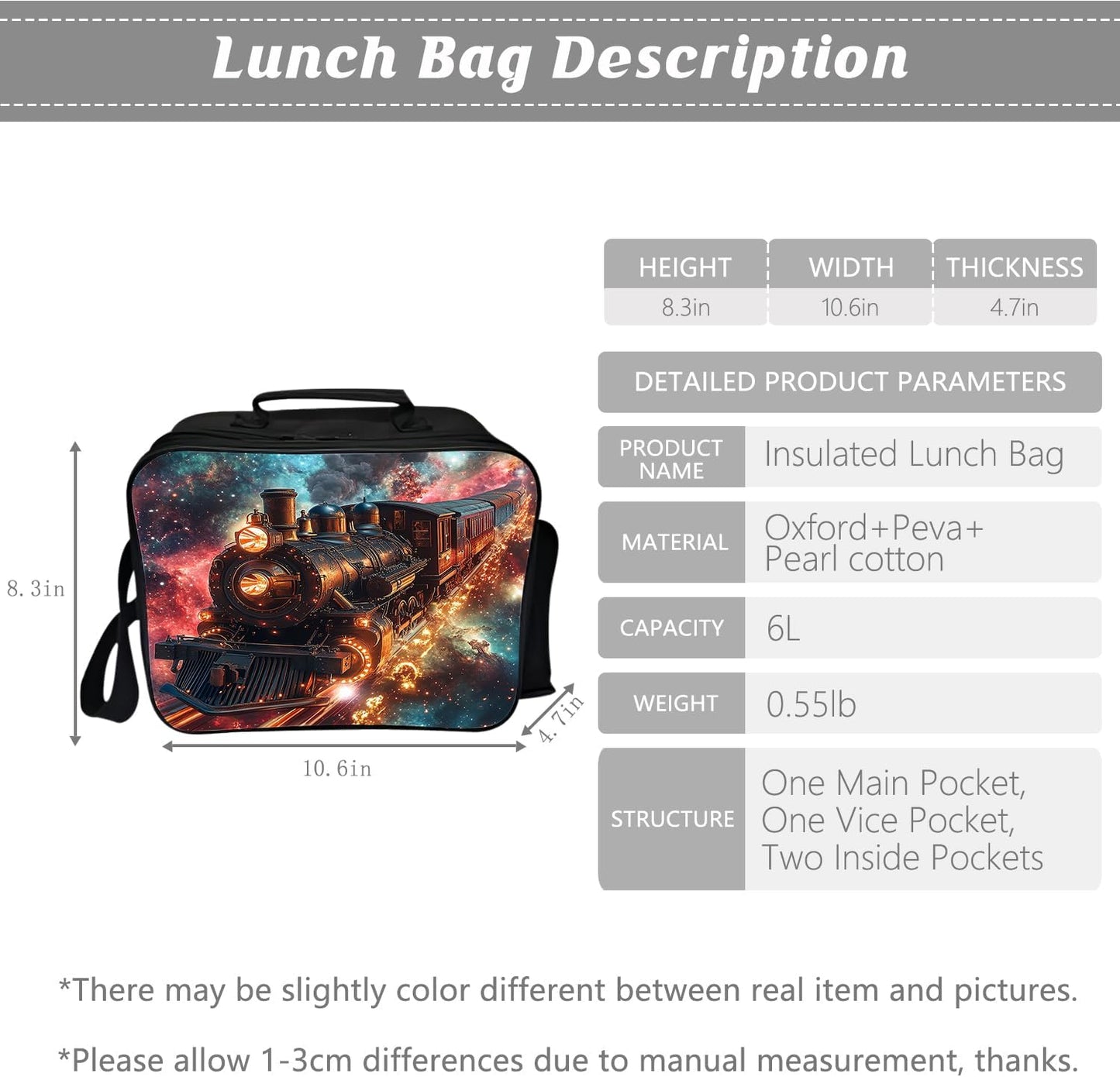 Klymax Outer Space Train Backpack Galaxy Steam Engine Kids Schoolbag with Lunch Box Bag Pencil Bag 3pcs Bookbag Sets for Boys Girls