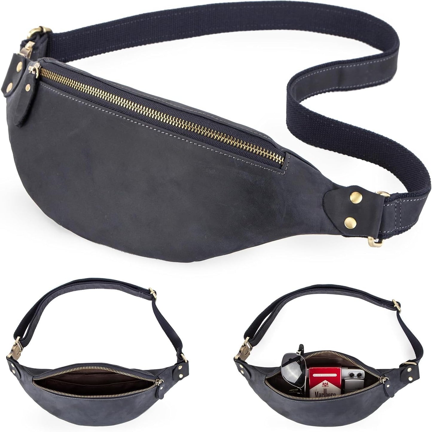 Slim Genuine Leather Waist Pack for Men Women Vintage Crossbody Fanny Pack Travel Riding Detachable Belt Bag (Vintage Blue)