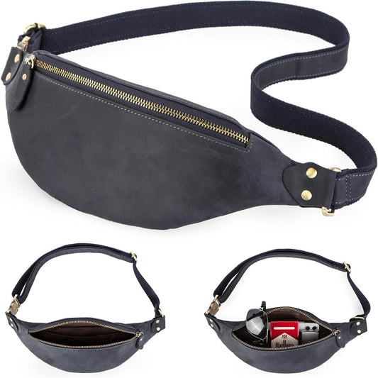 Slim Genuine Leather Waist Pack for Men Women Vintage Crossbody Fanny Pack Travel Riding Detachable Belt Bag (Vintage Blue)