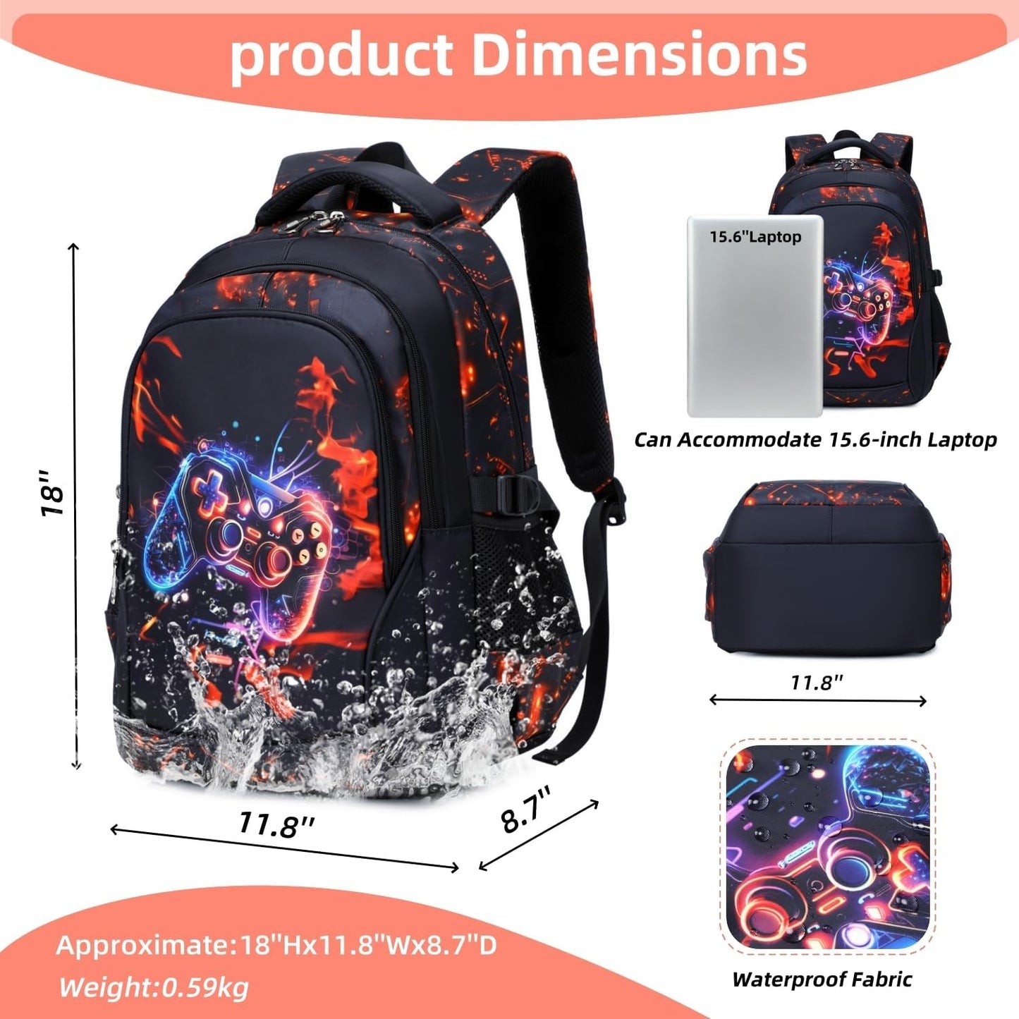 Boys Backpack Elementary School Bookbag Waterproof Durable Sturdy Kids Schoolbag Casual Travel Daypack (2-Black-game)