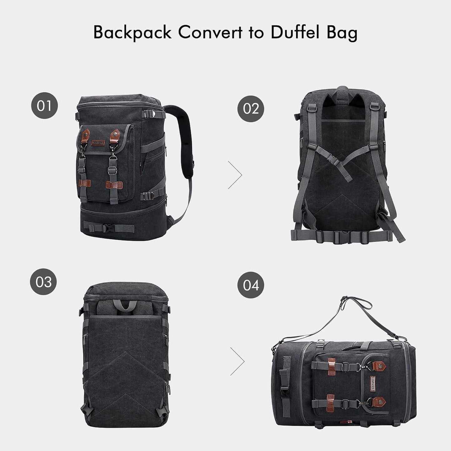 WITZMAN Travel Backpack for Men Women Canvas Backpack Carry on Luggage Rucksack Convertible Duffel Bag Large (A568 Black)