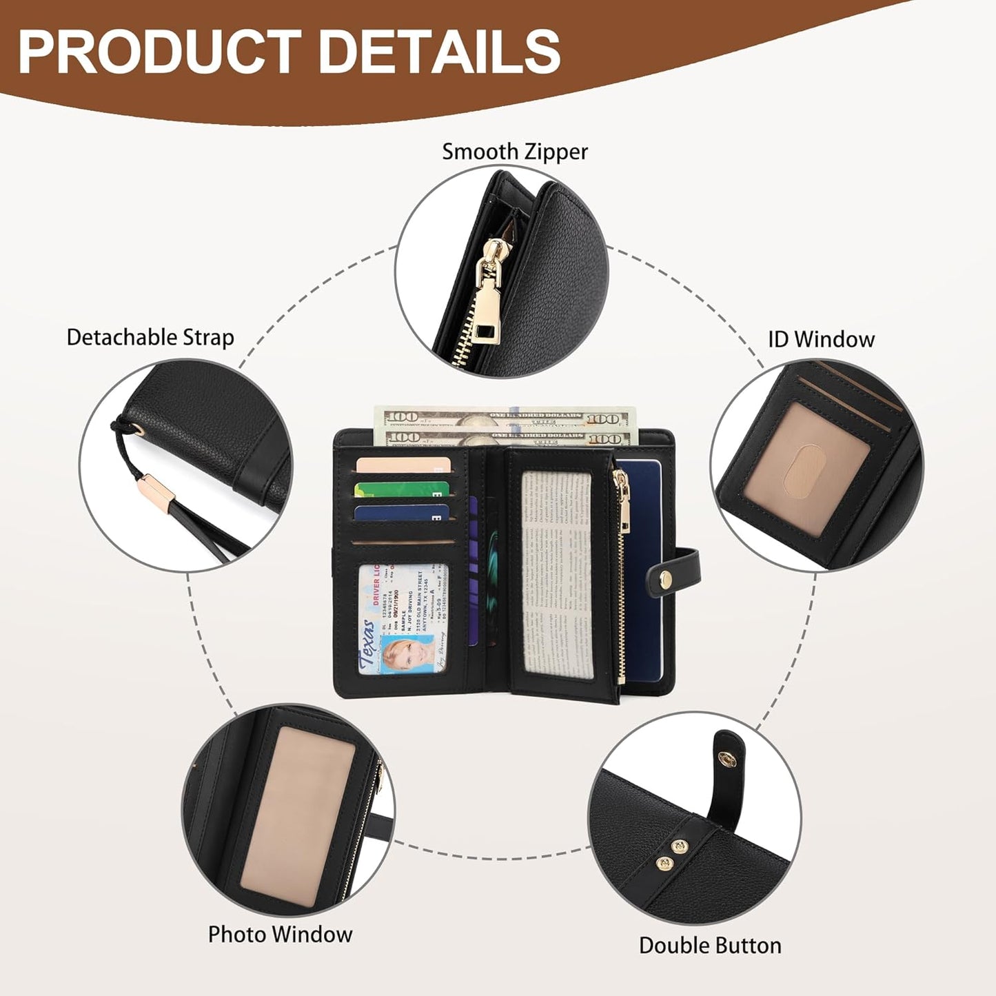 Small Wallet Women RFID Blocking Vegan Leather Slim Thin Bifold Credit Card Wallet Passport Holder Ladies Travel Wallet Mini Purse with Zipper Pocket