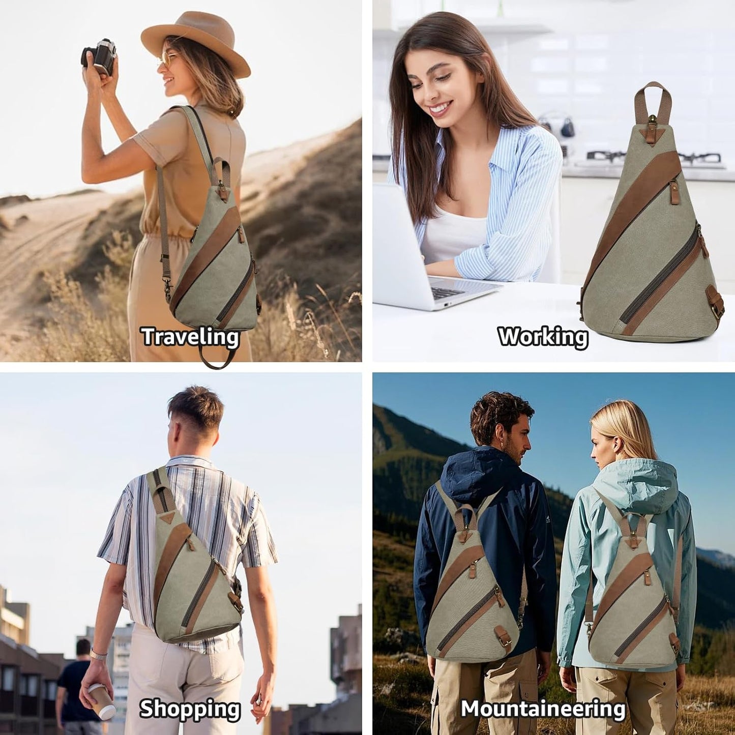 KL928 Canvas Sling Bag for Men Women, Genuine Leather Design Shoulder Crossbody Bags Backpacks Travel Daypack with Earphone Hole Rucksack, Olive Green