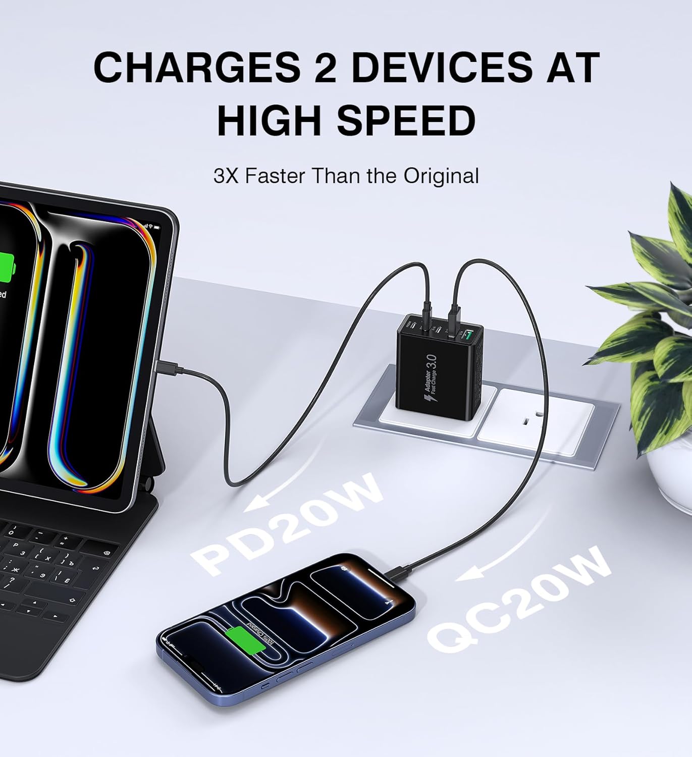 [2-Pack] USB C Wall Charger, 60W Type C Charger Block 5-Port Fast Charging Blocks,3USB C+2USB A Multiport Plug,PD Power Adapter Brick Cube for iPhone 17/16/15/14/13/Pro,iPad,Samsung,for Switch（Black）