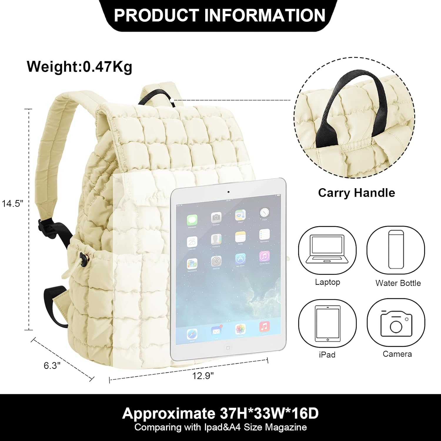 XSUIOY Quilted Backpack Purse for Women Small Lightweight Puffer Puffy College Laptop Backpack