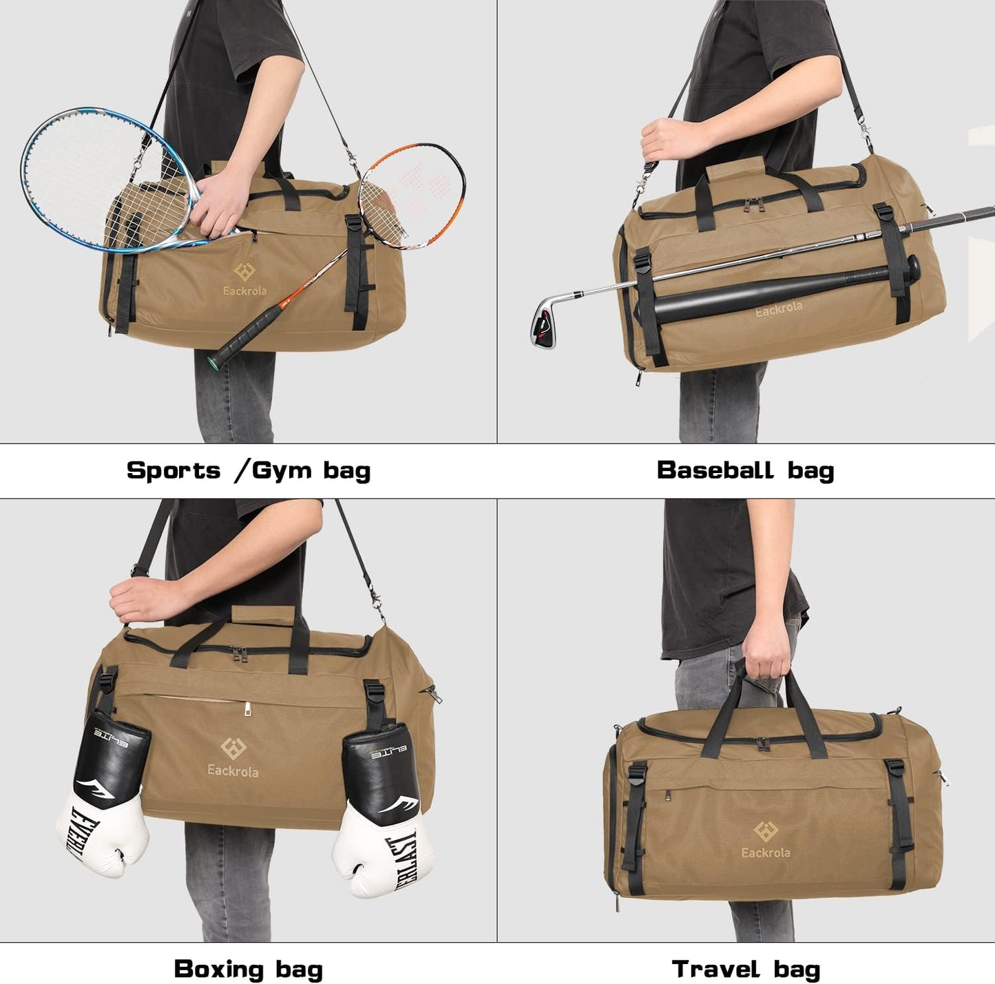 Eackrola Large Sports Gym Bag, Travel Duffel bag with Wet Pocket & Shoes Compartment for men women, 65L, Lightweight