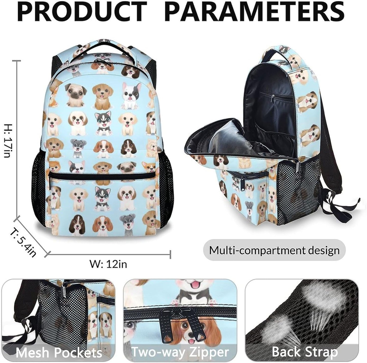 Dog Backpack with Lunch Box, Set of 3 School Backpacks Matching Combo, Cute Blue Bookbag and Pencil Case Bundle