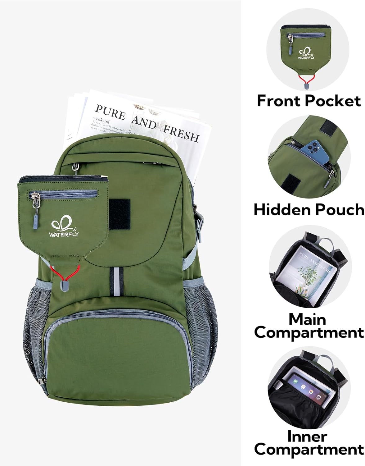 WATERFLY Small Lightweight Packable Backpack: 20l Ultra Light Foldable Travel Hiking Camping