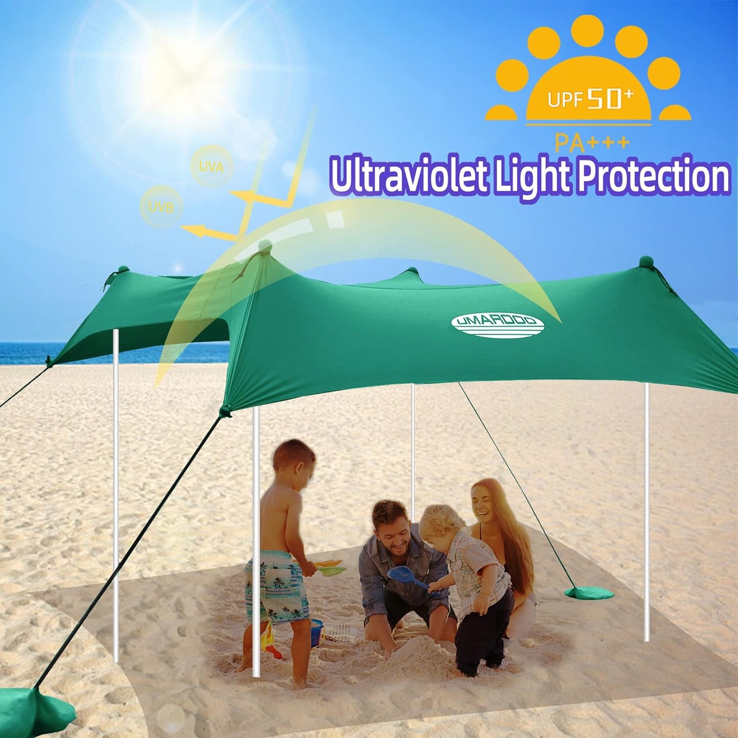 UMARDOO Family Beach Tent Canopy Sun Shade Portable, Large Compact Beach Sun Shelter Easy Setup with Packable Bag for Outdoor Travel (Green, 10X10 FT. 4Poles)