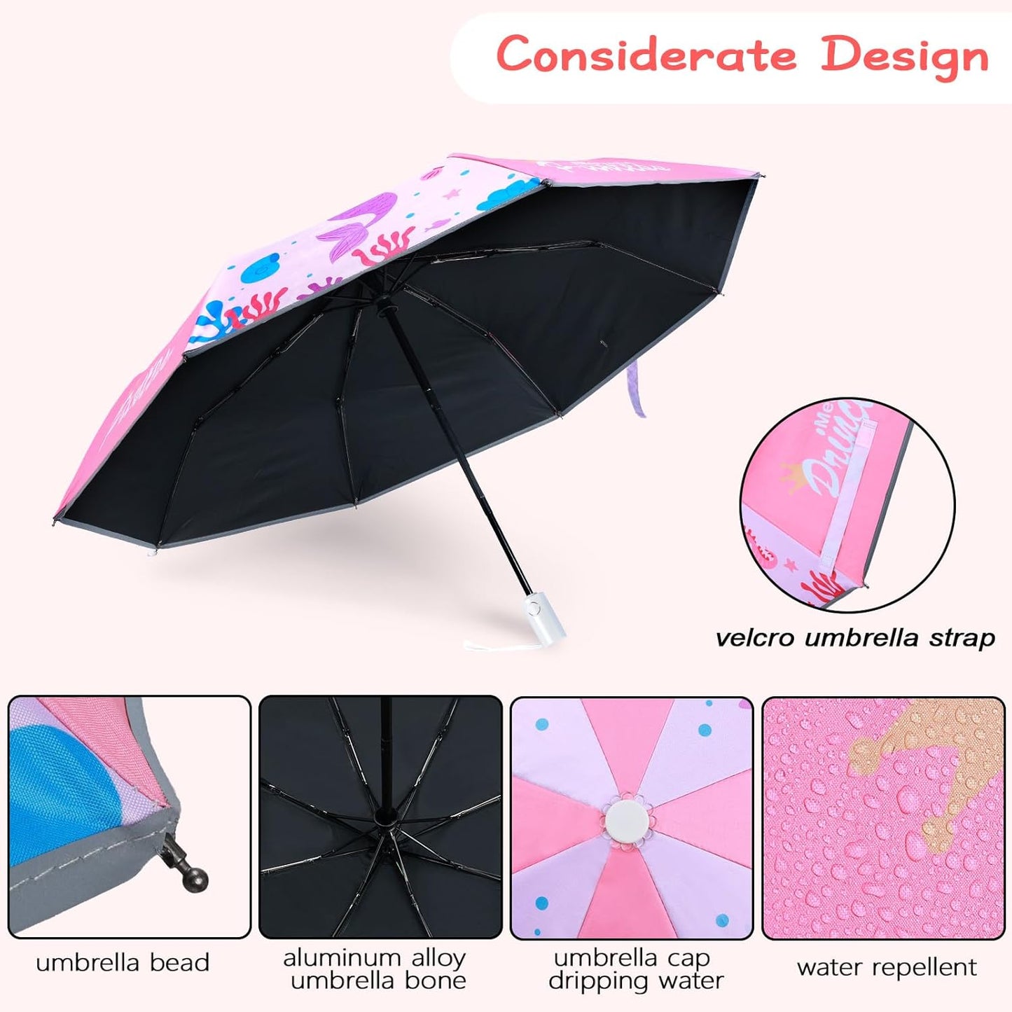 Kids Folding Umbrella Auto Open/Close Anti-rebound Safe Design UV Resistant Automatic Children Travel Umbrellas 8 Rib Reinforced Canopy 360° Reflective Strip Lightweight Cute Umbrella for Girls & Boys