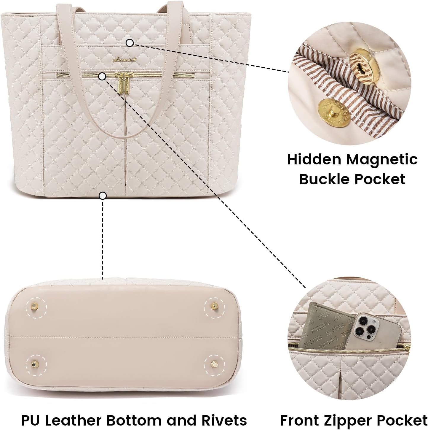 LOVEVOOK Laptop Bag for Women 15.6 inch,Diamond Quilted Work Tote Bags Womens Laptop Computer Shoulder Bags,Stylish Travel Tote Bags Laptop Purse Briefcase Handbag with Clutch Purse,Nude