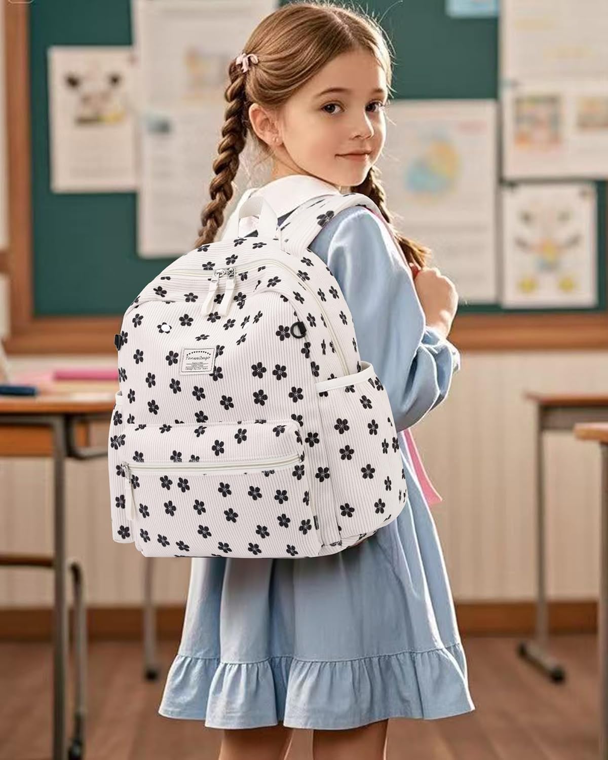 Corduroy Kids Backpack for Boys Girls Backpacks for Primary Elementary Kindergarten 6-10 (Flower Black, Medium (15" H Fit A4 Folder))