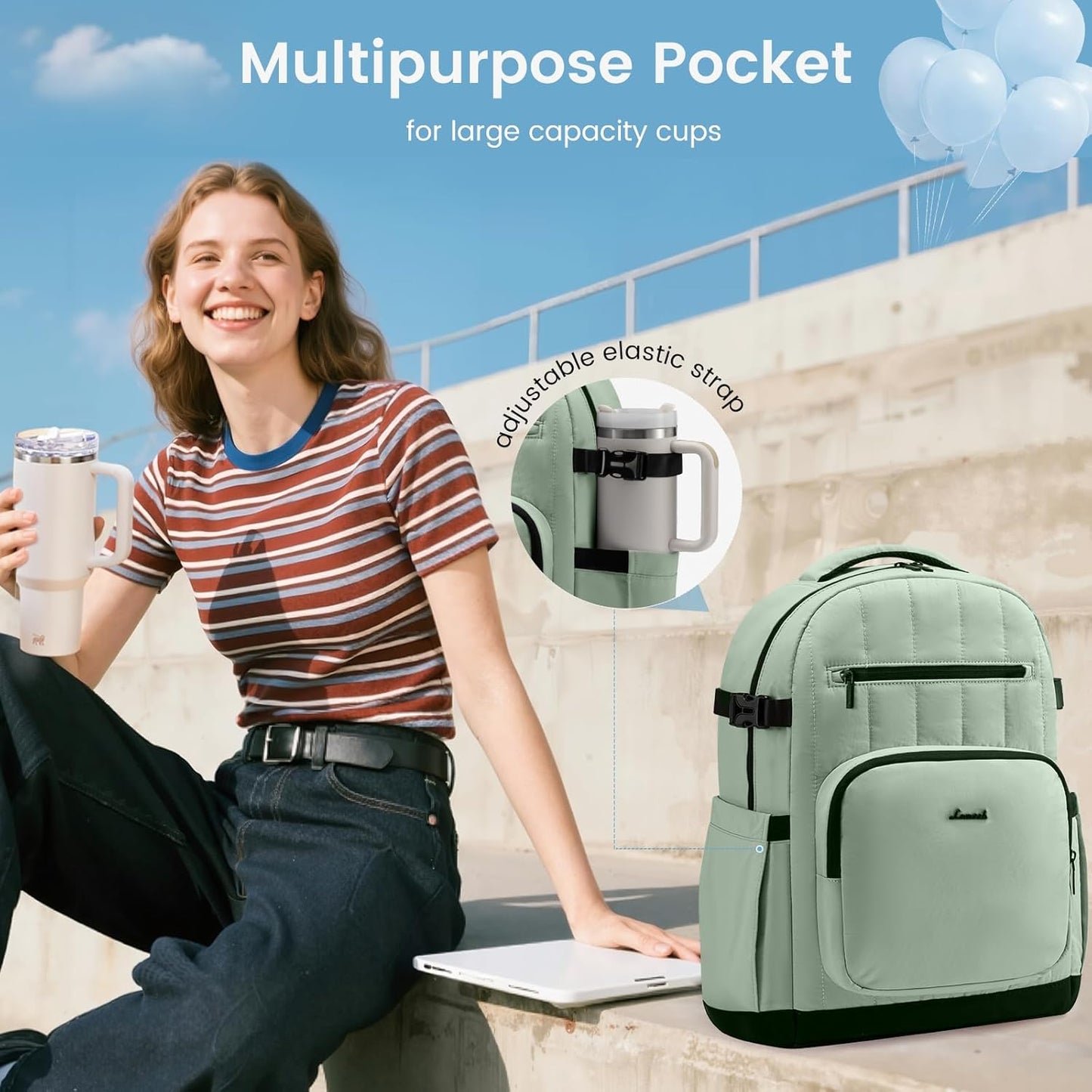 LOVEVOOK Laptop Backpack Women with Pouch Pocket for Large Capacity Cup,15.6 Inch Lightweight Puffer Computer Laptop Bag Travel Backpack Purse for Work College Teacher Personal Item,Mint Green-Black