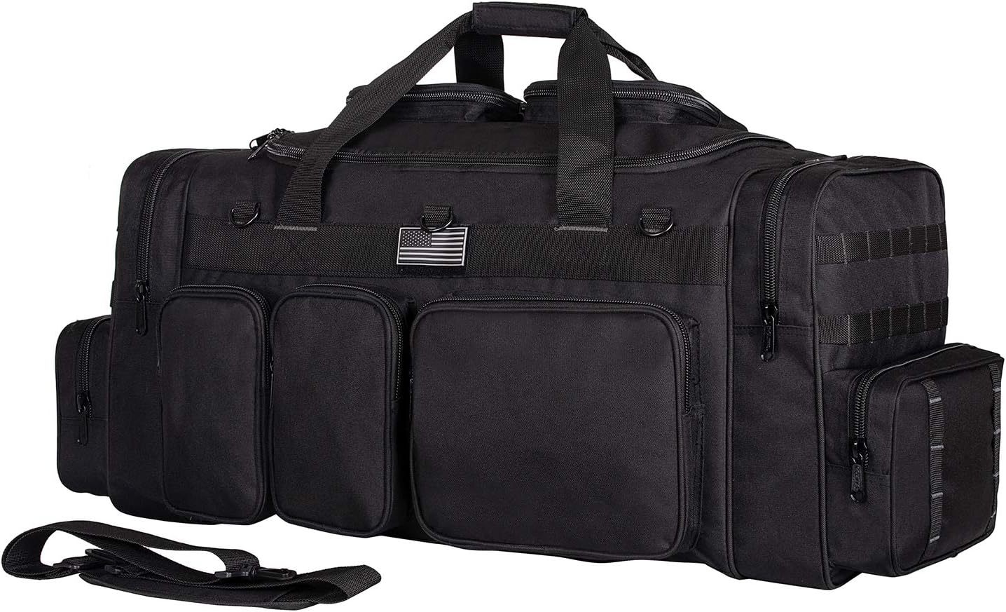 K-Cliffs Tactical Range Duffel Heavy Duty Large Gear Duffle Durable Quality Travel Sports Gym Equipment Bag Military Molle with Lockable Zippers with US Flag Patch 33 Inch Black