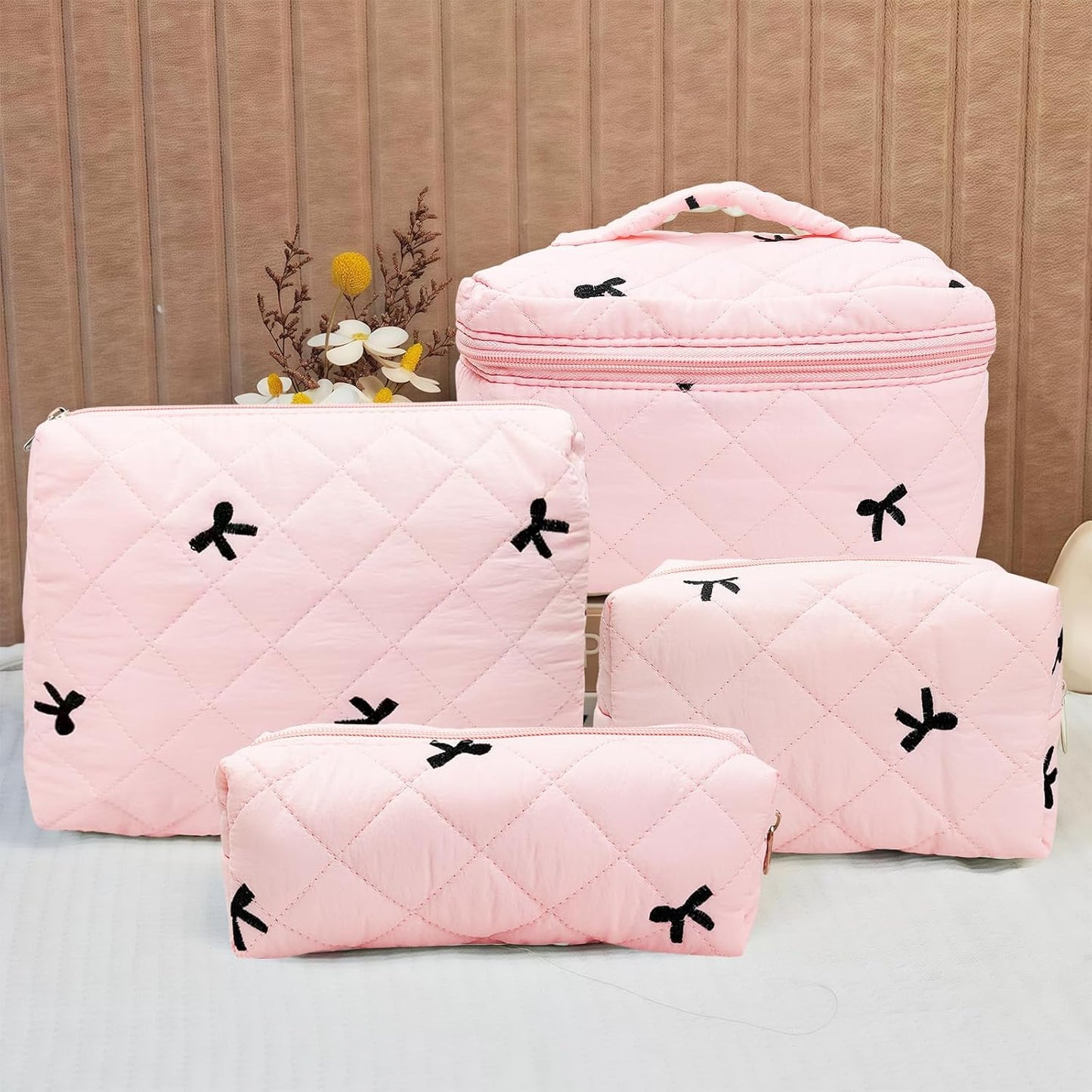 Quilted Cosmetic Bag Large Capacity Travel Cosmetic Bag for Women and Girls Aesthetic Storage for Daily and Travel Use Pink Bowknot 4pcs Pink Embroidery Bowknot