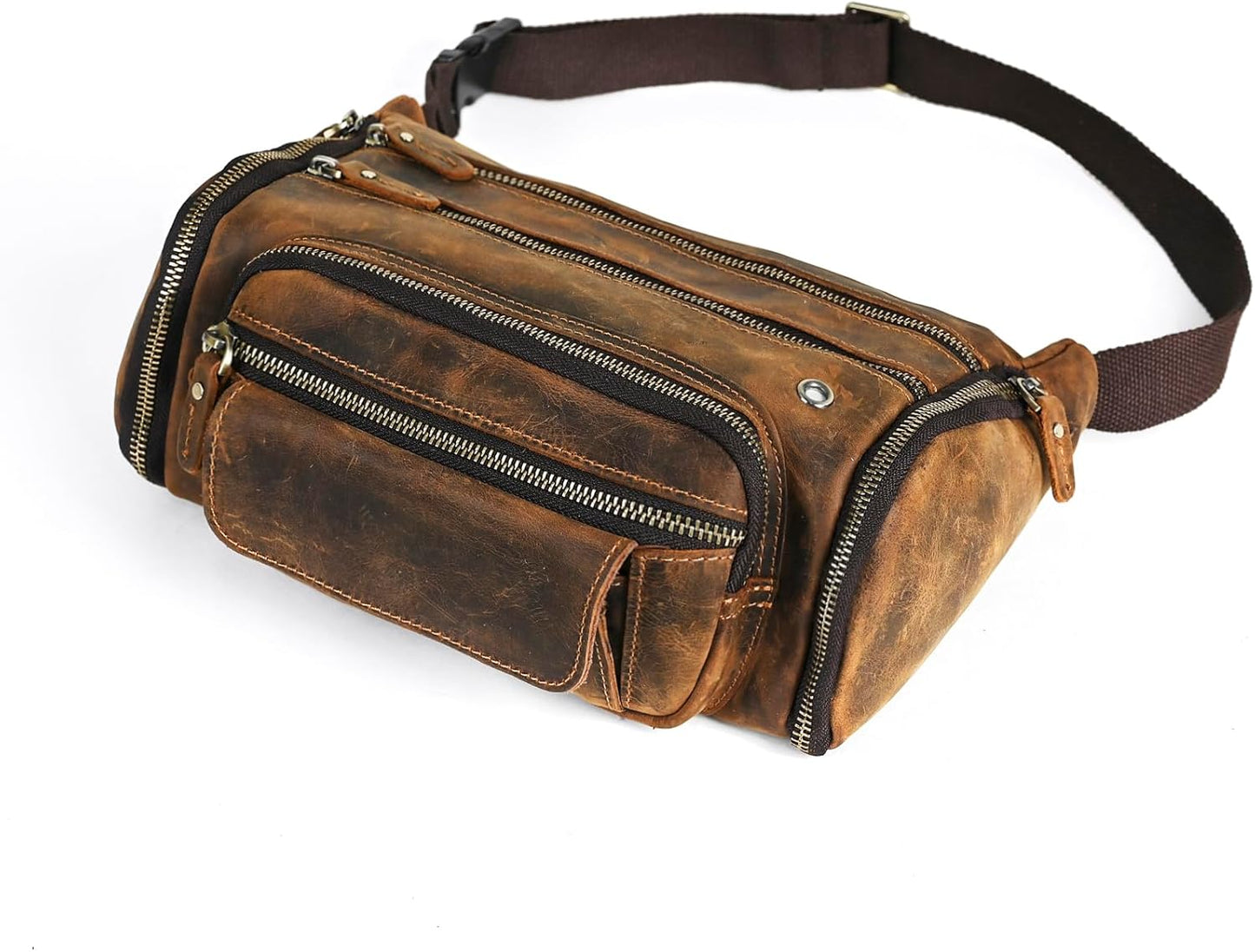 Thick Crazy Horse Leather Hiking Riding Travel Outdoor Belt Fanny Waist Pack Small Phone Pouch For Men Women 380 (382 Brown)