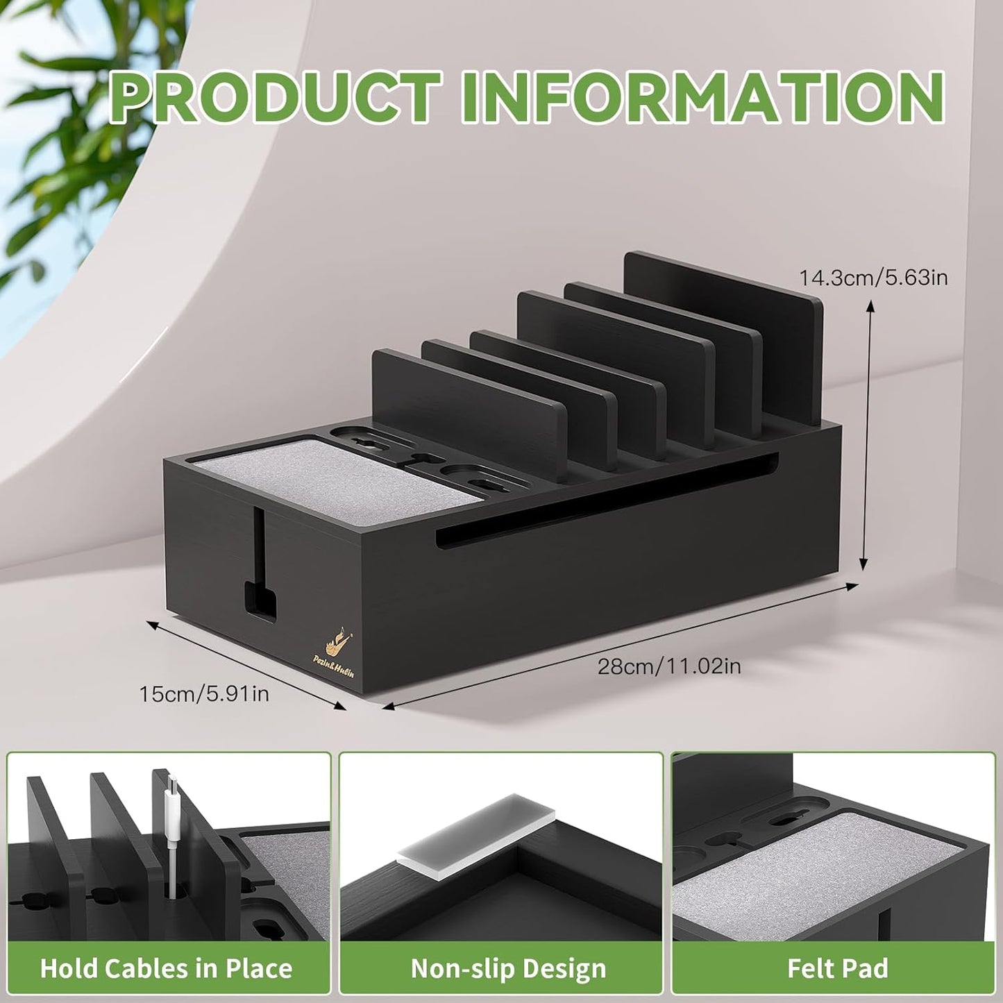 Pezin & Hulin Multi Charger Station Organizer, 5-Port USB Charger Dock with 6 Cables, Cable Management Box, Cord Organizer for Desk, Wire Organizers and Storage for Cords and Power Strip -Black