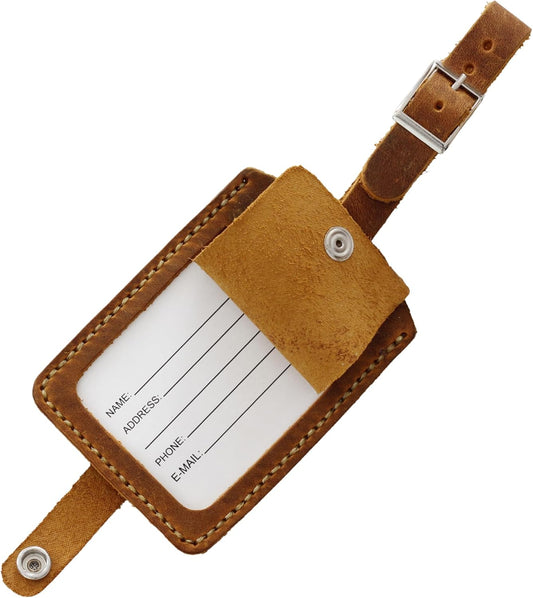 Toprank Leather Genuine Luggage Tags – Durable Leather Bag Tags for Travel, Baggage & Accessories (Camel)