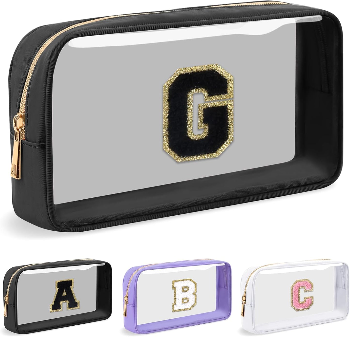 Personalized Initial Letter Clear Makeup Bag,Preppy Small Nylon&PVC Cosmetic Zipper Bag with Chenille Letter,Travel Skincare Toiletry Bag,Monogram Christmas Gift for Teen Girls Women,G