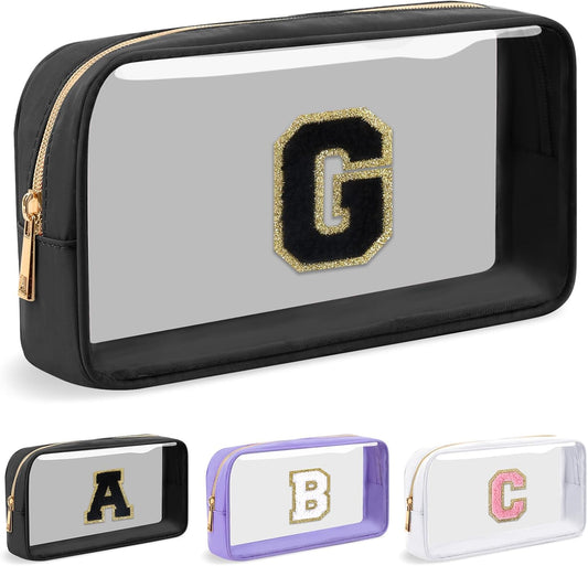 Personalized Initial Letter Clear Makeup Bag,Preppy Small Nylon&PVC Cosmetic Zipper Bag with Chenille Letter,Travel Skincare Toiletry Bag,Monogram Christmas Gift for Teen Girls Women,G