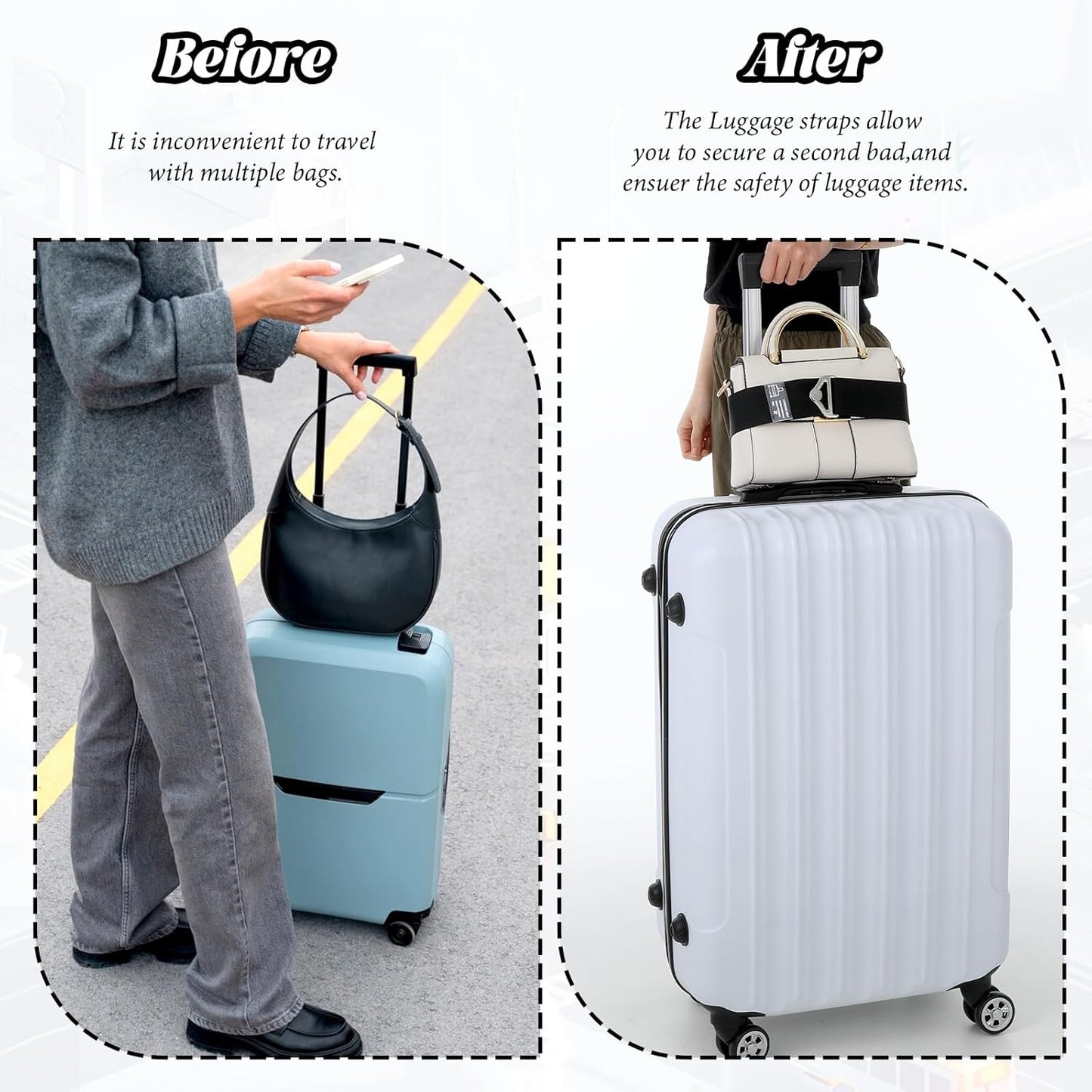 2-in-1 Luggage Straps for Suitcases for Add a Bag, Adjustable Travel Luggage Belt Strap with Alloy Buckle Elastic Belts for Carry On Bag