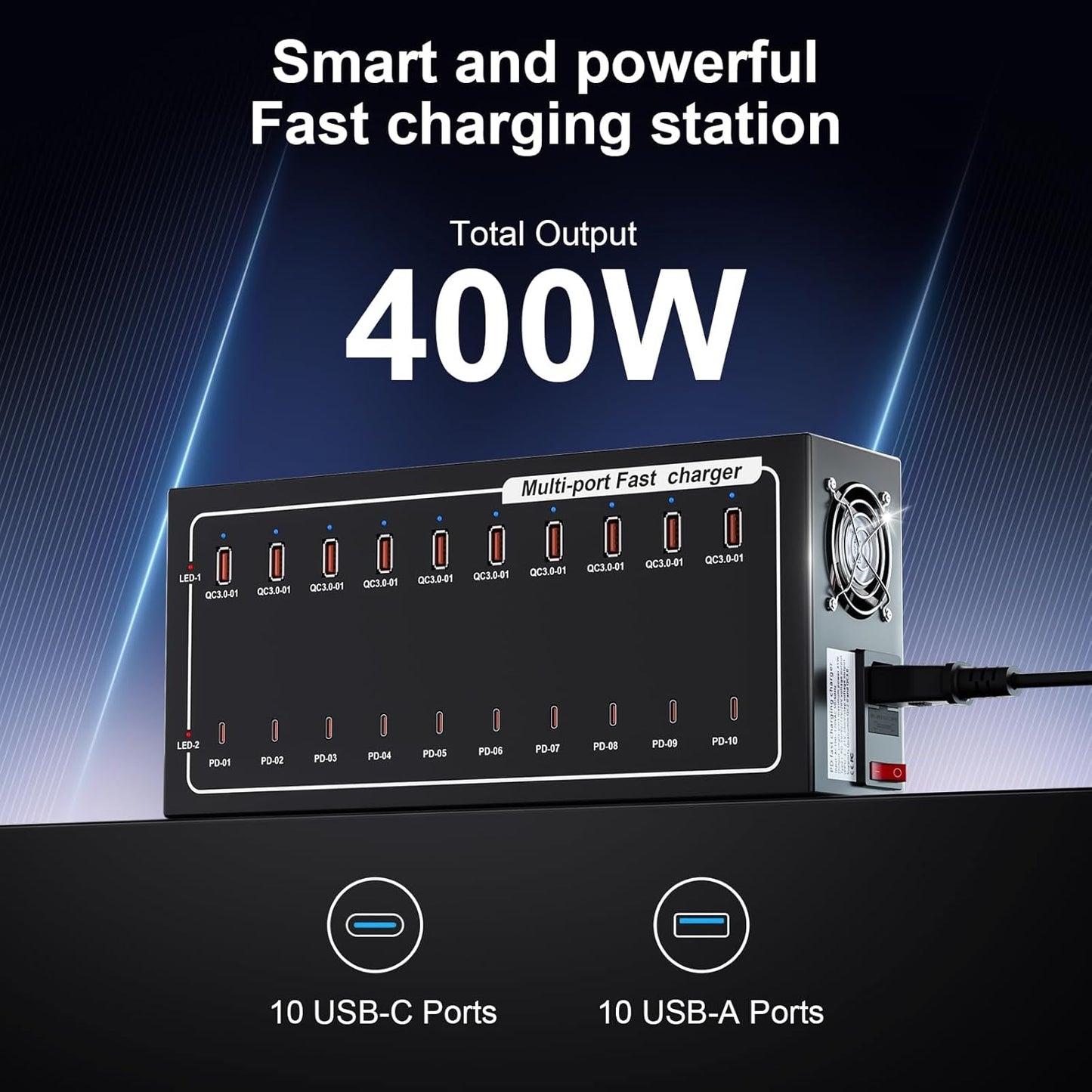 400W USB Charging Station for Multiple Devices, (10 USB C+10 USB A), USB-C Port Supports PD Quick Charge Compatible with iPhone, Smartphones, Tablets and Other Devices (Black)