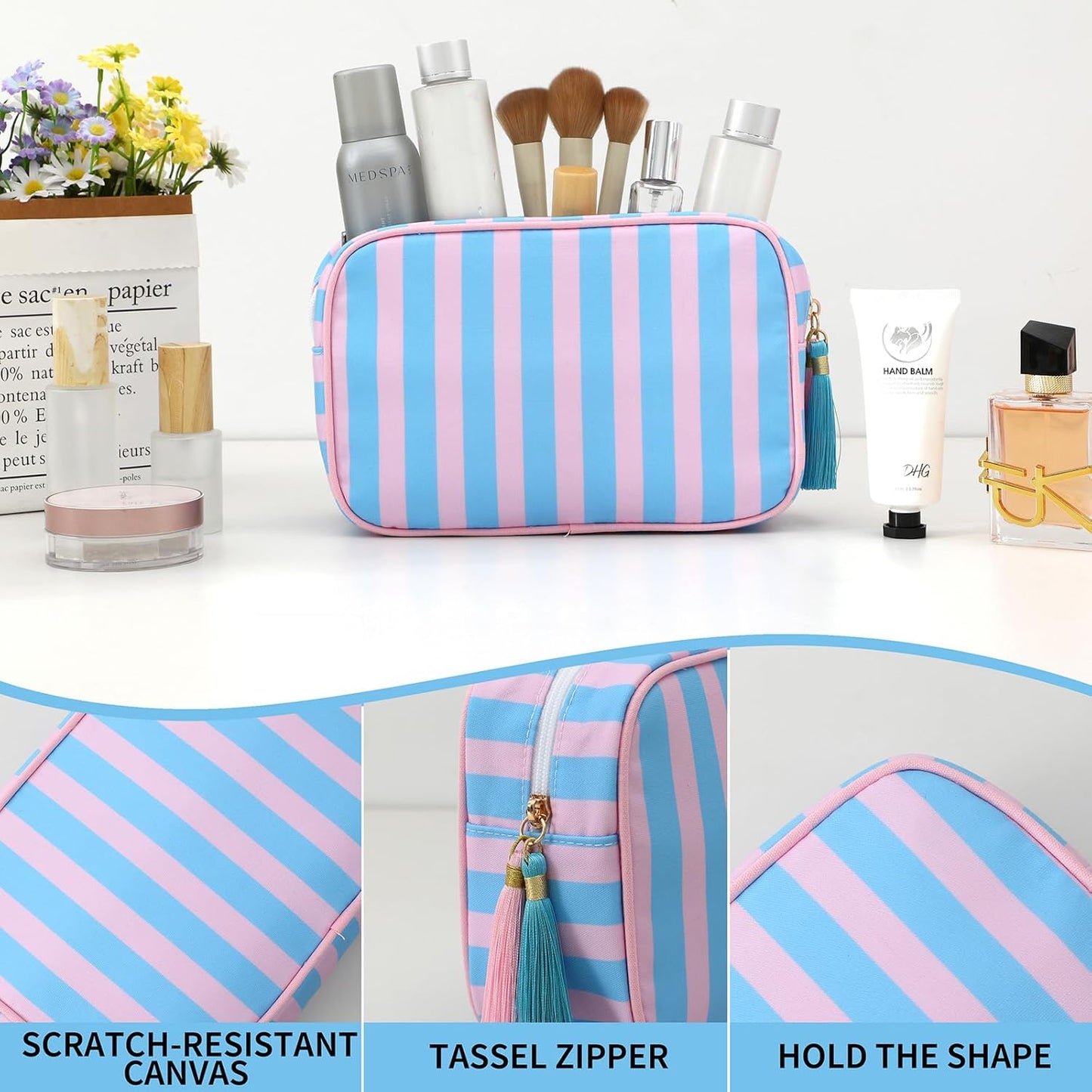 Stripe Makeup Bag Travel Cosmetic Bag Organizer Tassel Toiletry Bag Large Canvas Zipper Pouch and Accessories Storage Bag for Women