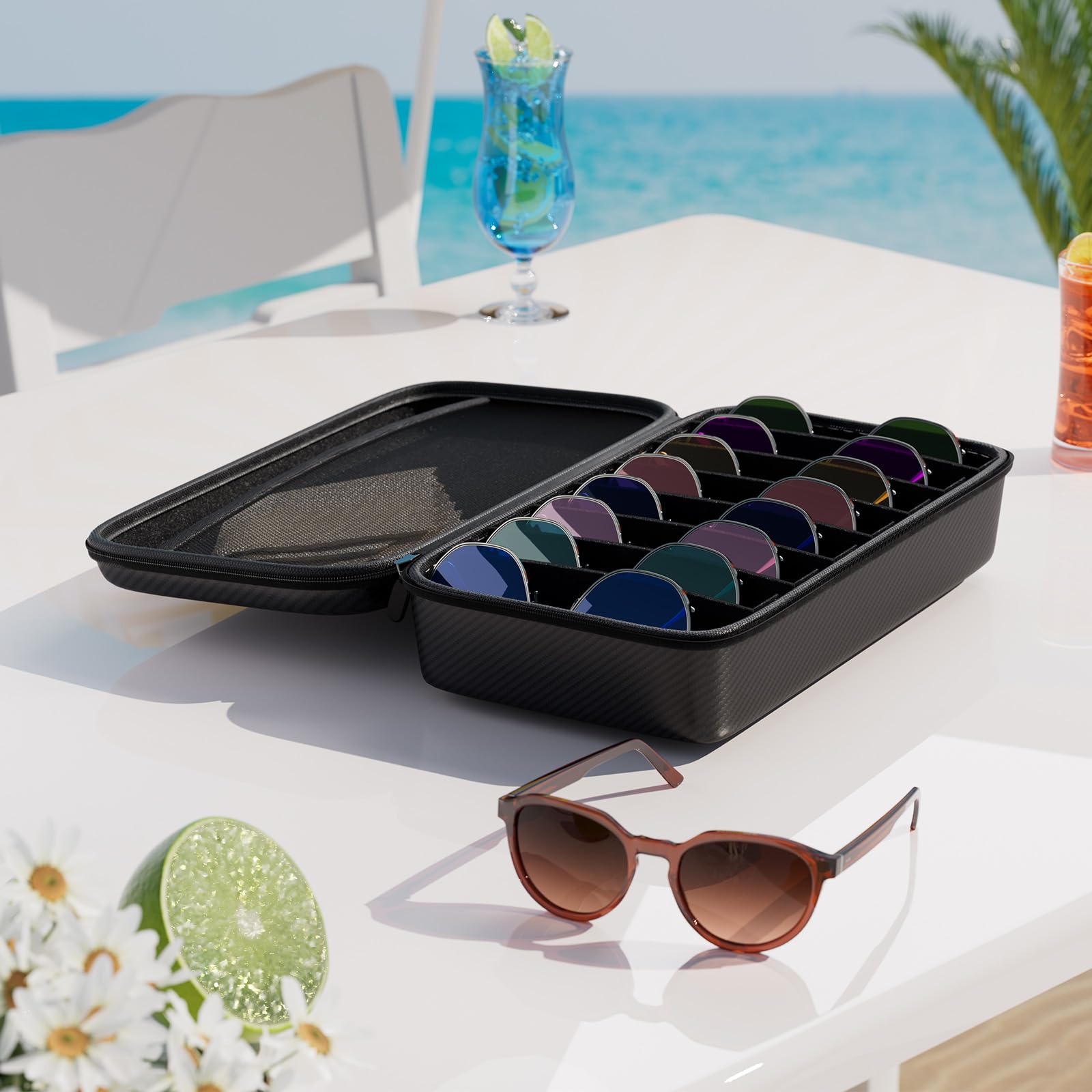 Vecxoty Black Travel Sunglasses Organizer For 8 Pairs​, EVA Hard Shell​Sunglass Case with Soft