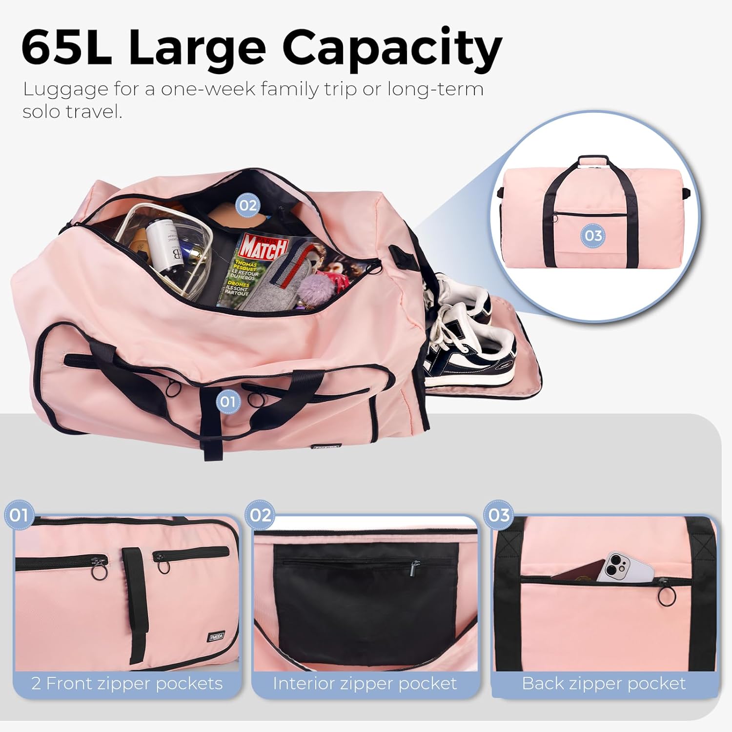 Fmeida 65L Duffle Bag with Shoes Compartment, Foldable Travel Duffel Bags for Men Women, Large