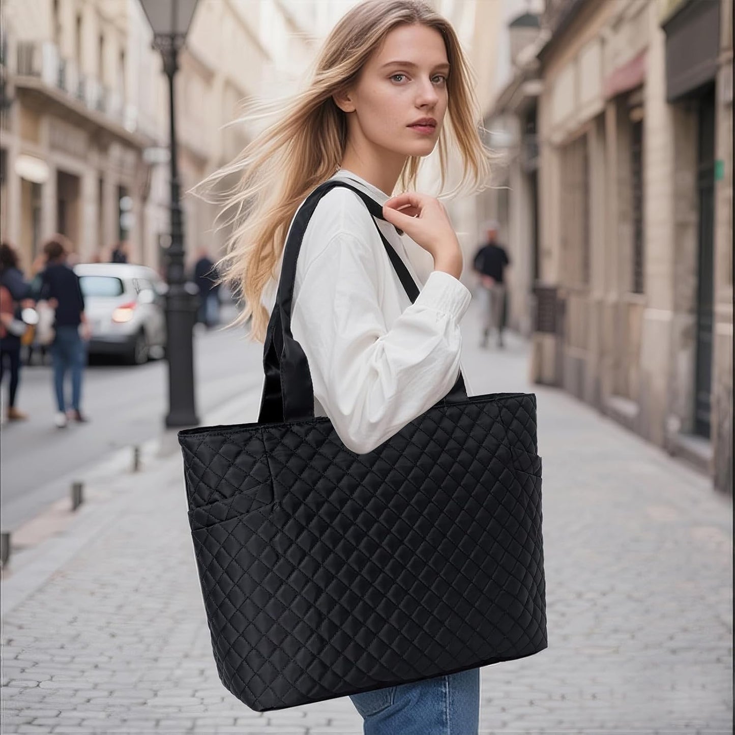Tote Bag For Women, Lightweight Puffy Tote Bag with Compartments Quilted Shoulder Bag