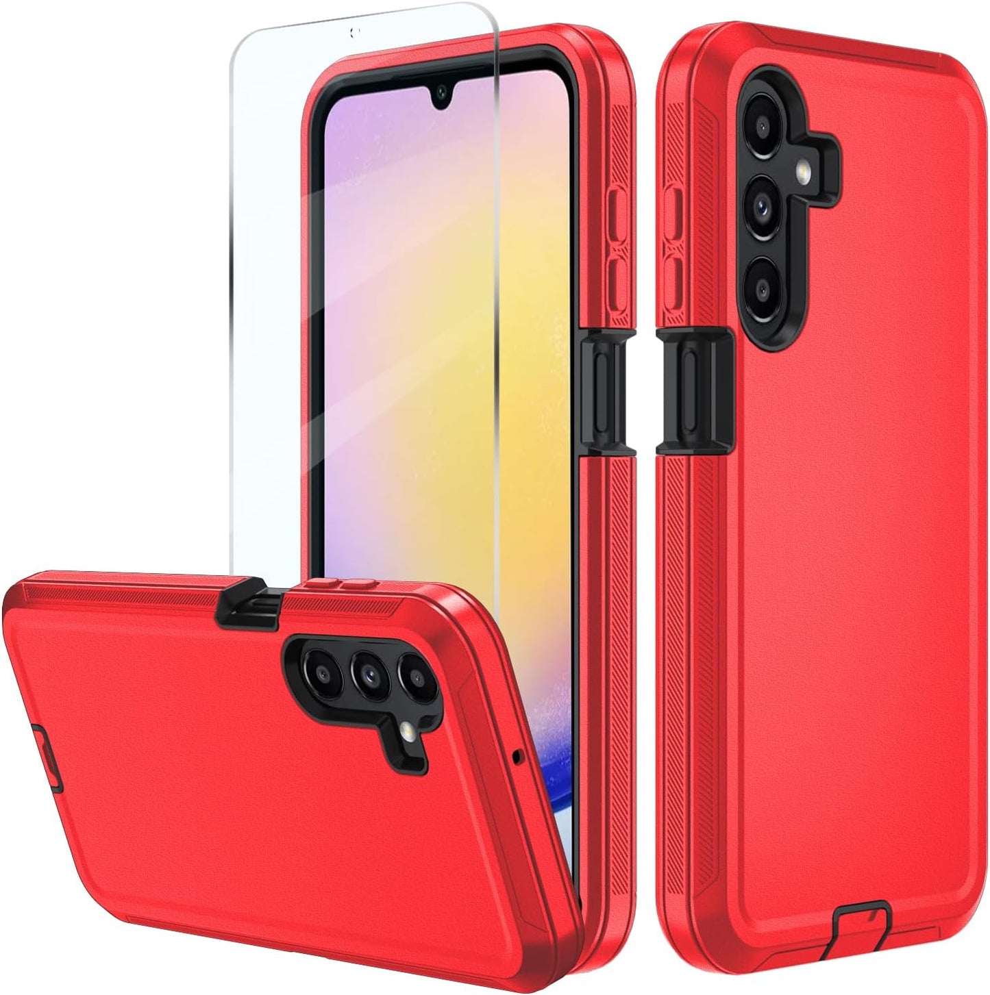 for Samsung Galaxy A17 5G case,A16 5G Heavy Duty case,with A Tempered Glass Screen Protector, [Military Grade Protective ] [Shockproof] [Dropproof] [Dust-Proof] (with Belt Clip-Red/Black)