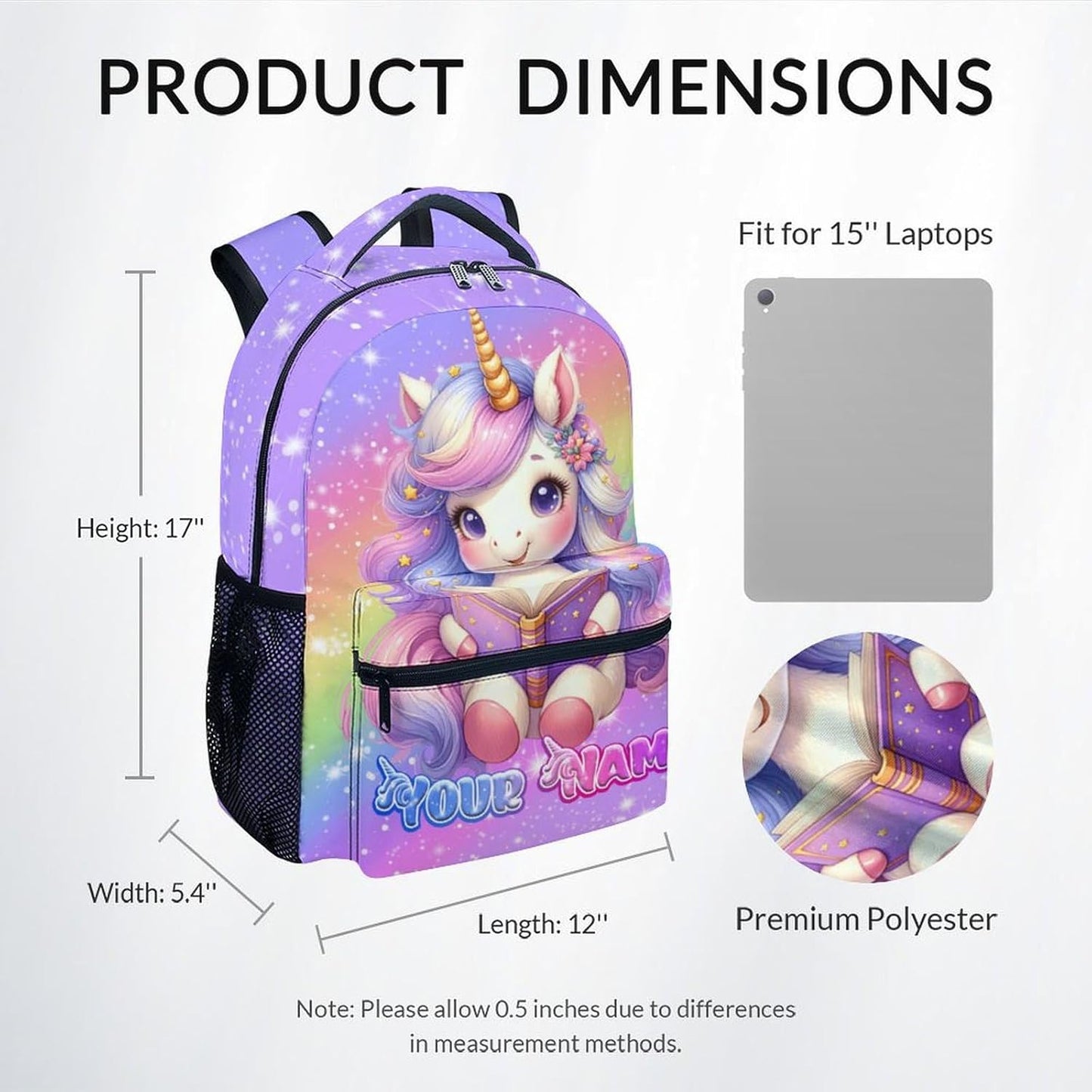 Girls Backpack, Personalized Unicorn Backpacks for Kids, 17" Toddler Bookbag for Elementary Preschool Kindergarten, Cute Rainbow School Bag