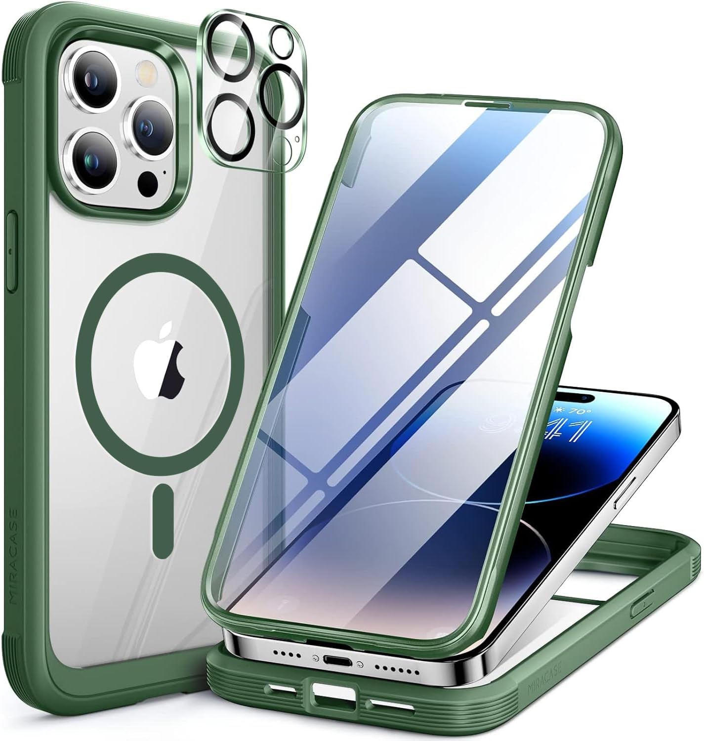 Miracase Magnetic for iPhone 14 Pro Max Case 6.7 inch, (Compatible with MagSafe) Upgrade Full-Body Clear Phone Bumper Case with Built-in 9H Tempered Glass Screen Protector, Magnetic Acacia Green