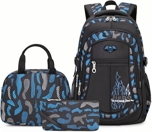 3Pcs Camo-Print Primary School Backpack and Lunch-Bag Set for Boys Camouflage Elementary Bookbag Rucksack Waterproof