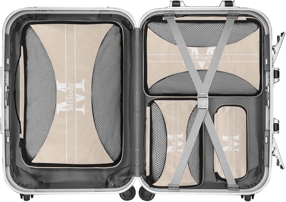 Personalized Compression Packing Cubes with Name Initial Letter, Beige Color 4 Set Mesh Travel Organizer Bags for Carry on, Luggage, Suitcase