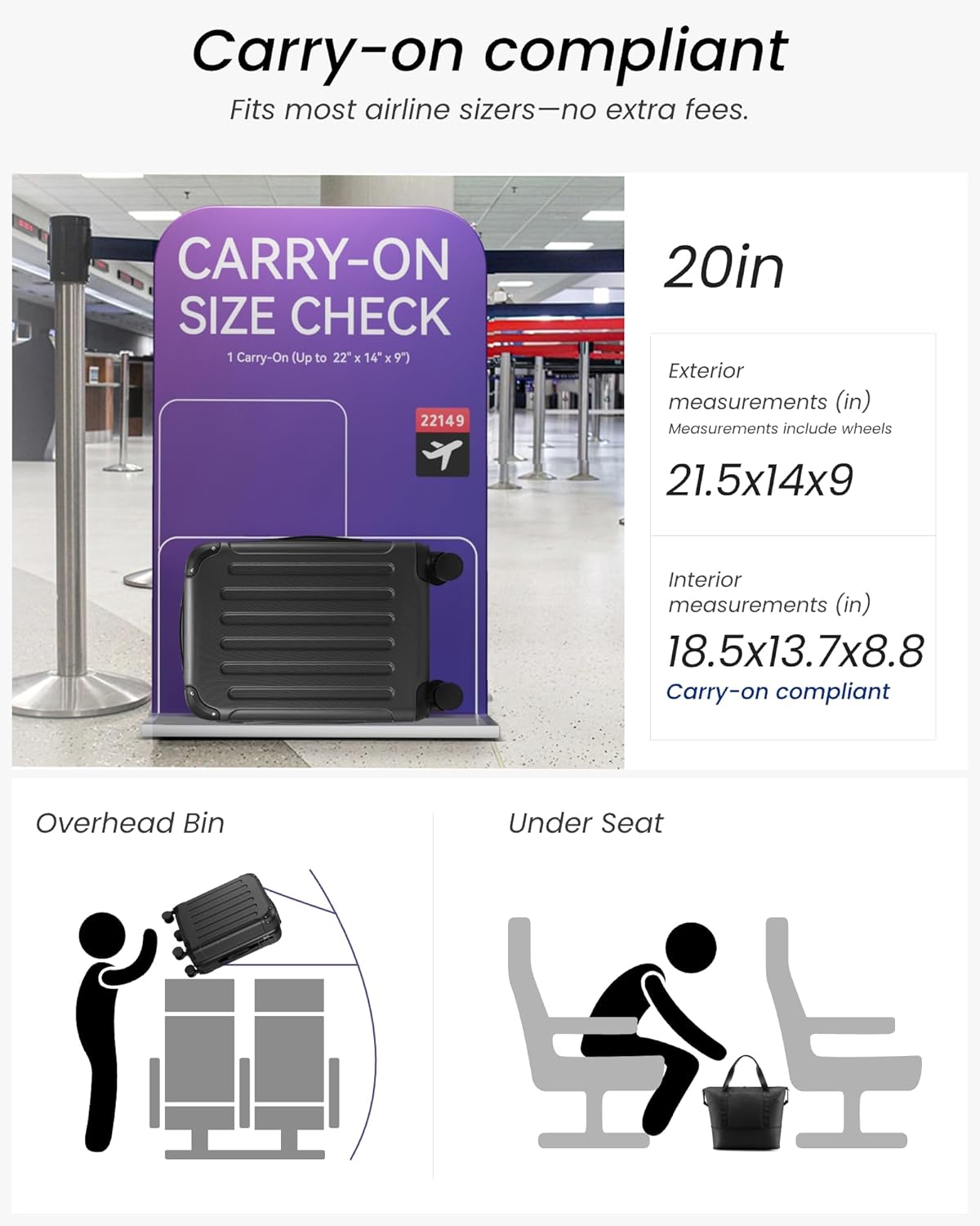 Carry On Luggage 22x14x9 Airline Approved, Hardside Suitcase with Wheels, TSA Approved, Tote Bag, Black