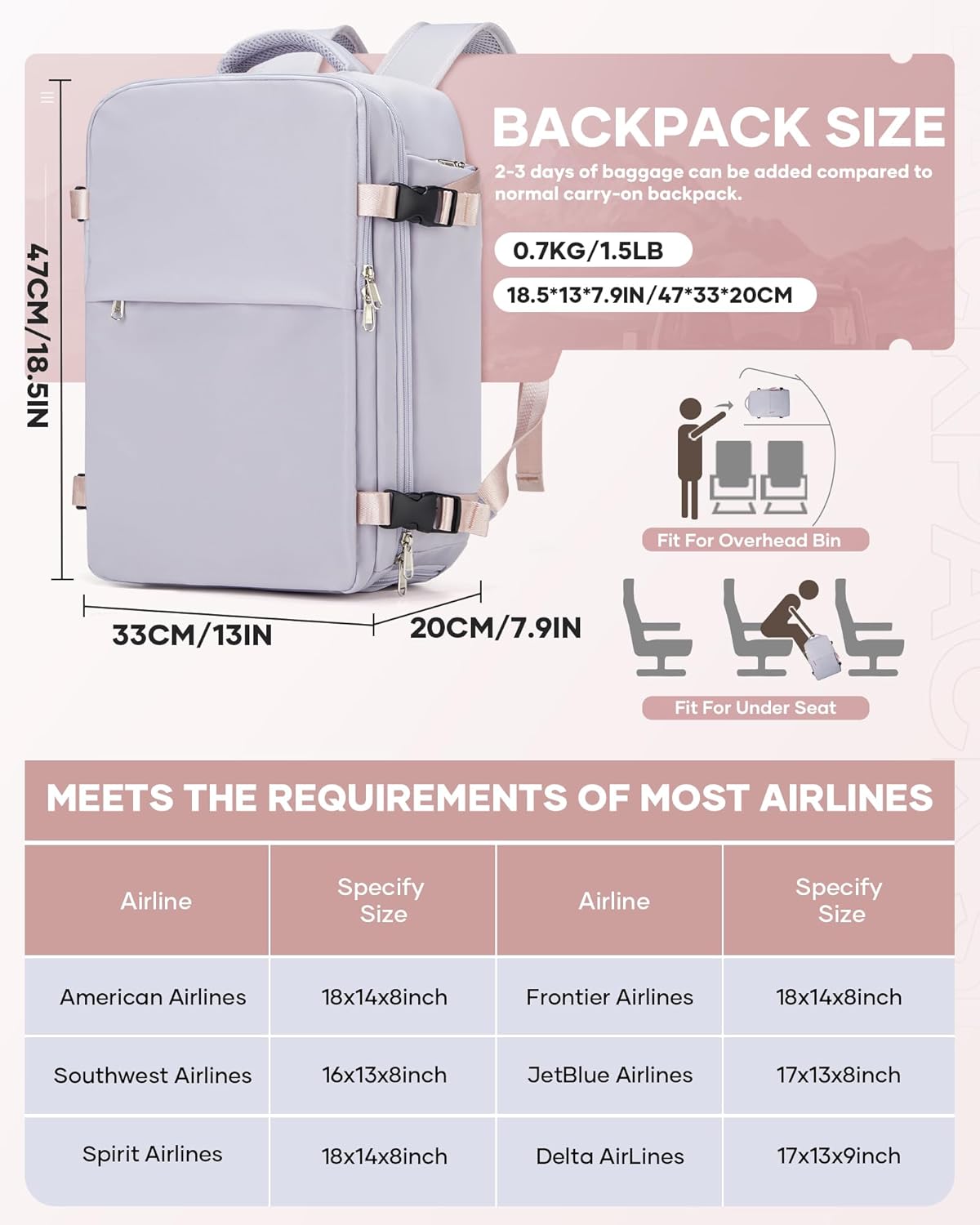 Vacuum Backpack Travel with Pump,Compression Vacpack Backpack With Shoe Compartment, 18.5x13x7.9IN Personal Item Travel Bag,Airline Approved Carry on Luggage(Light Purple)