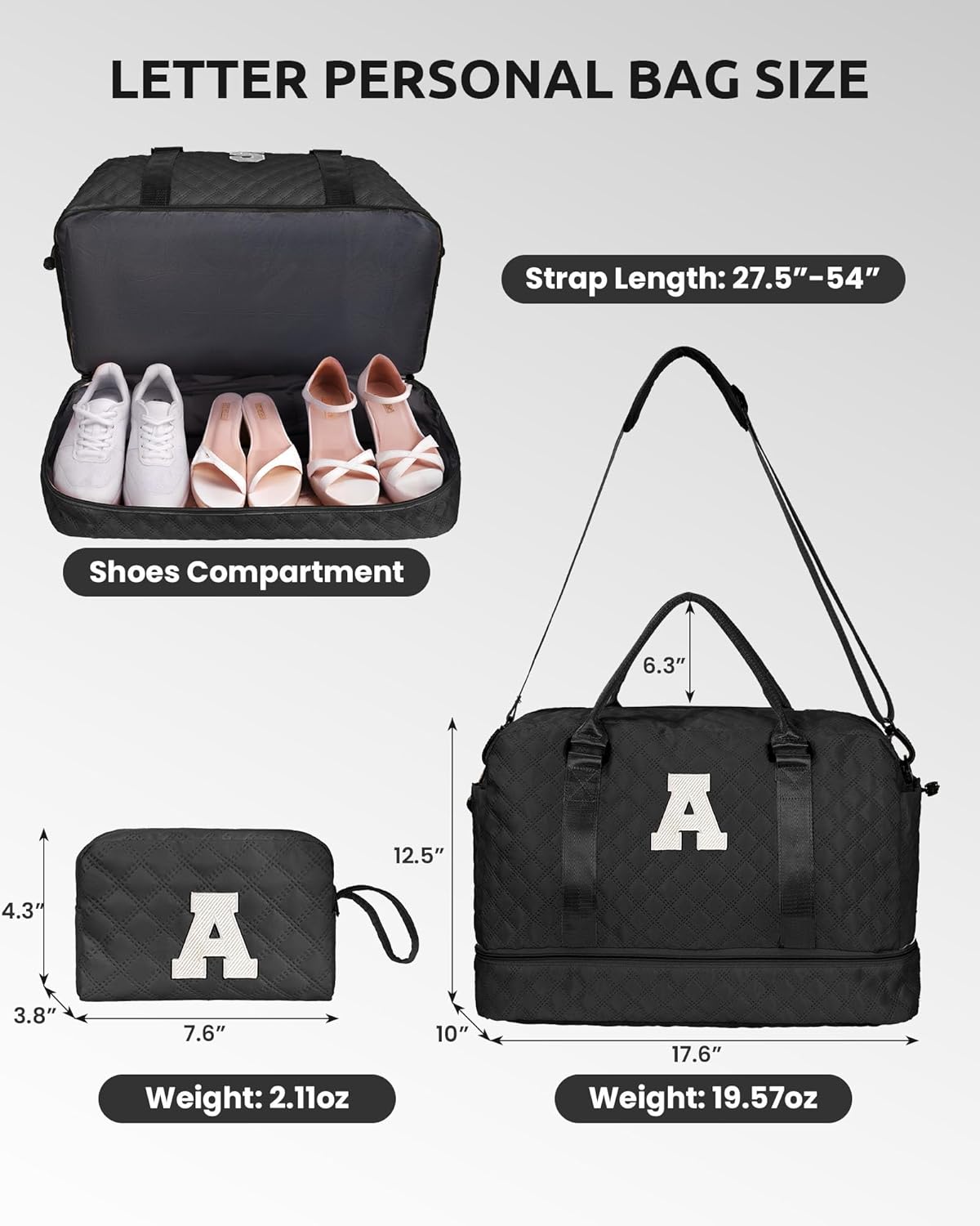 Navy Duffel Bag - Personalized Initial, Weekender, Overnight, Travel Bag with Shoe Compartment & Makeup Bag, Size 12x7x2 inches