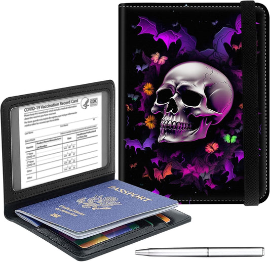 Passport Holder Cover Wallet Travel Essentials RFID Blocking Case Leather Passport Cover Wallet Vaccine Card Slot Organizer for Men Women, Halloween Skull