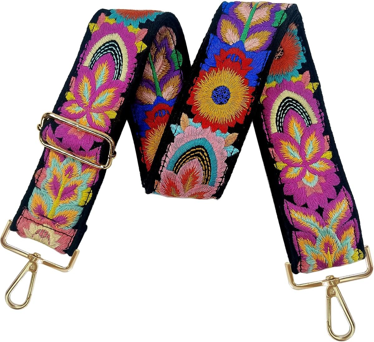 Embroidery Flower Purse Strap Replacement Crossbody 2 Inch Wide with Letter S Keychain for Women's Handbags