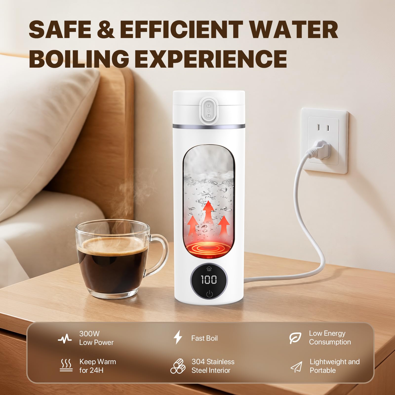 Portable Travel Electric Tea Kettle,6 Preset Temp Plug-in Keep Warm,15 OZ Small Hot Water
