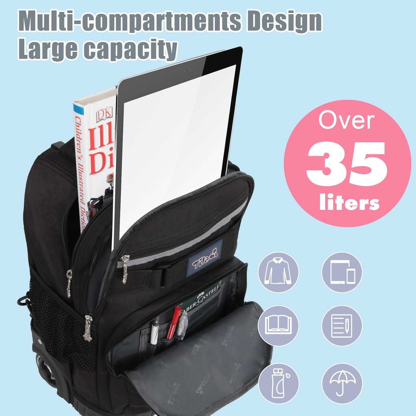 Tilami Rolling Backpack 18 inch Boys and Girls Laptop Backpack