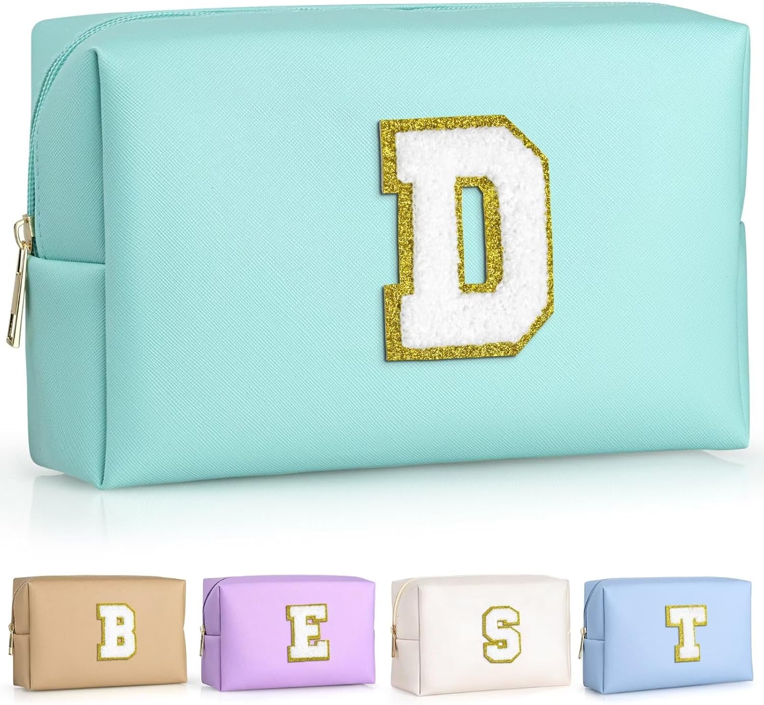 TOPEAST Preppy Small Makeup Bag, Chenille Letter Pouch Cosmetic Bag With Zipper, PU Leather